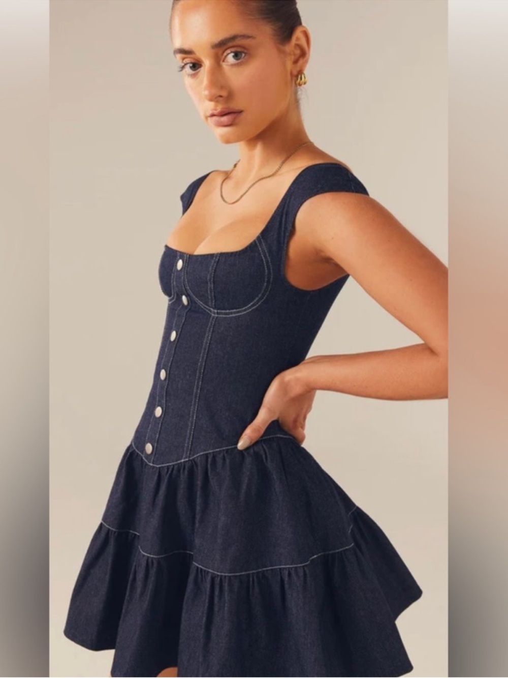 Peppermayo | Isabella Denim Bustier Dress Size 4 Blue Fit Flare Cap Sleeves - Picture 4 of 15